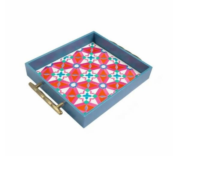 Pink & Blue Oriental Tray With Handles