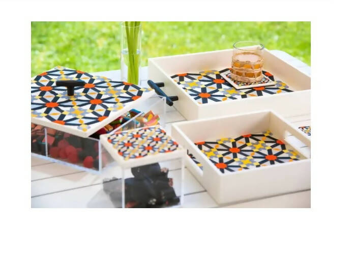 Orange Oriental Tray With Black Handles